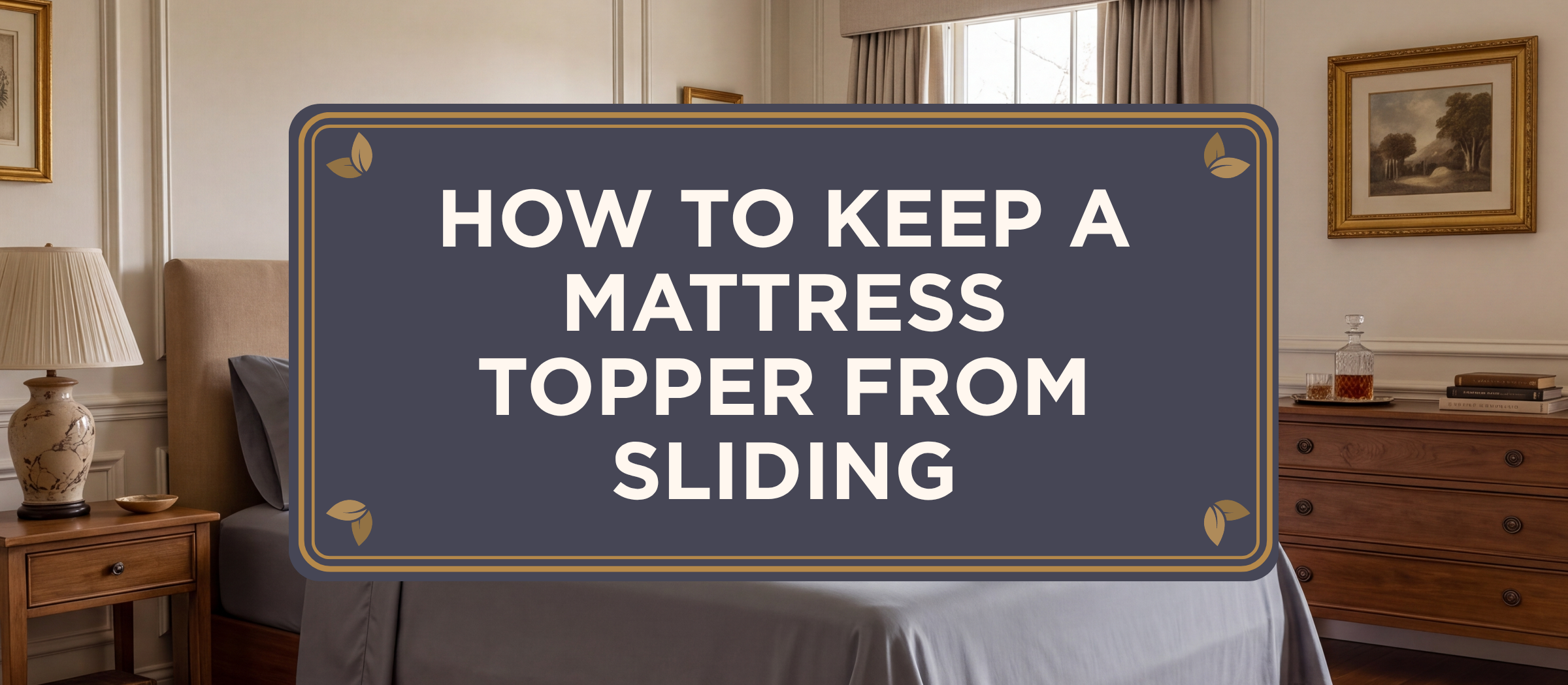 Steel Gray The One Sheet by Sova on a neatly made traditional-classic bed, header for a guide on how to keep a mattress topper from sliding.