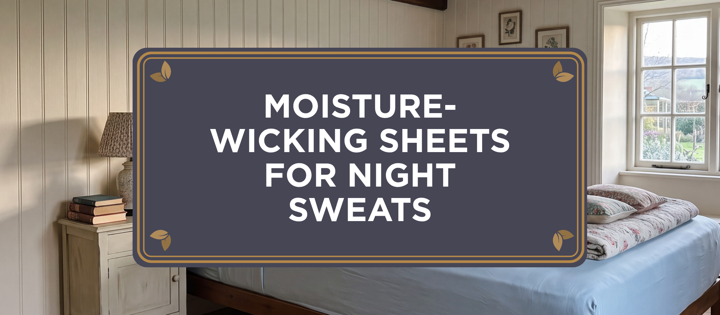 Article header reading Moisture-Wicking Sheets for Night Sweats over an English cottage bedroom with a bed in Light Blue organic bamboo viscose sheets