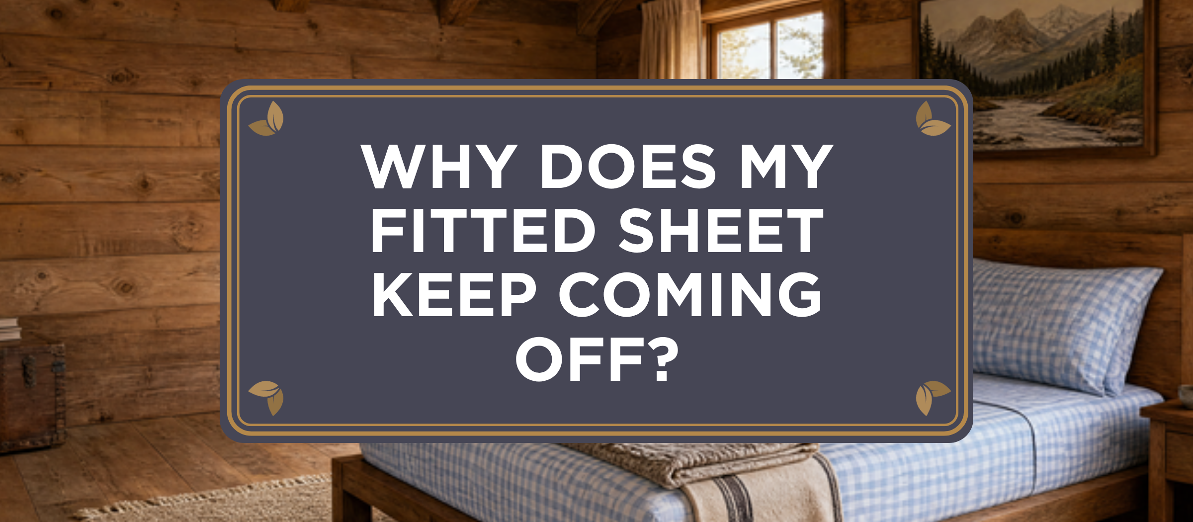 Charcoal crest header reading Why Does My Fitted Sheet Keep Coming Off over a rustic cabin bedroom with a bed dressed in Gingham organic bamboo viscose The One Sheet
