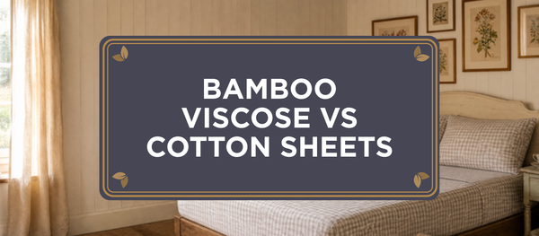 The One Sheet branded header reading Bamboo Viscose vs Cotton Sheets over a sunlit English cottage bedroom dressed in Gingham organic bamboo viscose sheets
