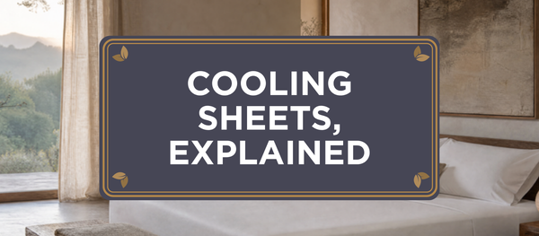 Cooling Sheets, Explained: Sova crest blog header over a japandi bedroom with breathable white organic bamboo viscose sheets in cool early dawn light