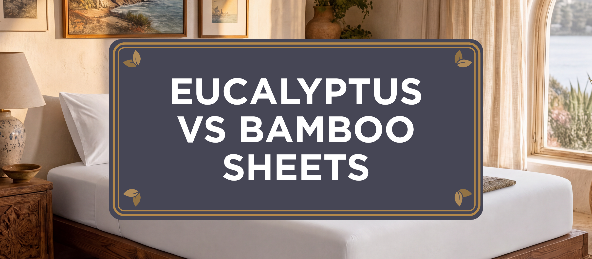 Article header for Eucalyptus vs Bamboo Sheets: a Mediterranean coastal bedroom with a bed in White organic bamboo viscose sheets behind a charcoal crest plaque reading EUCALYPTUS VS BAMBOO SHEETS