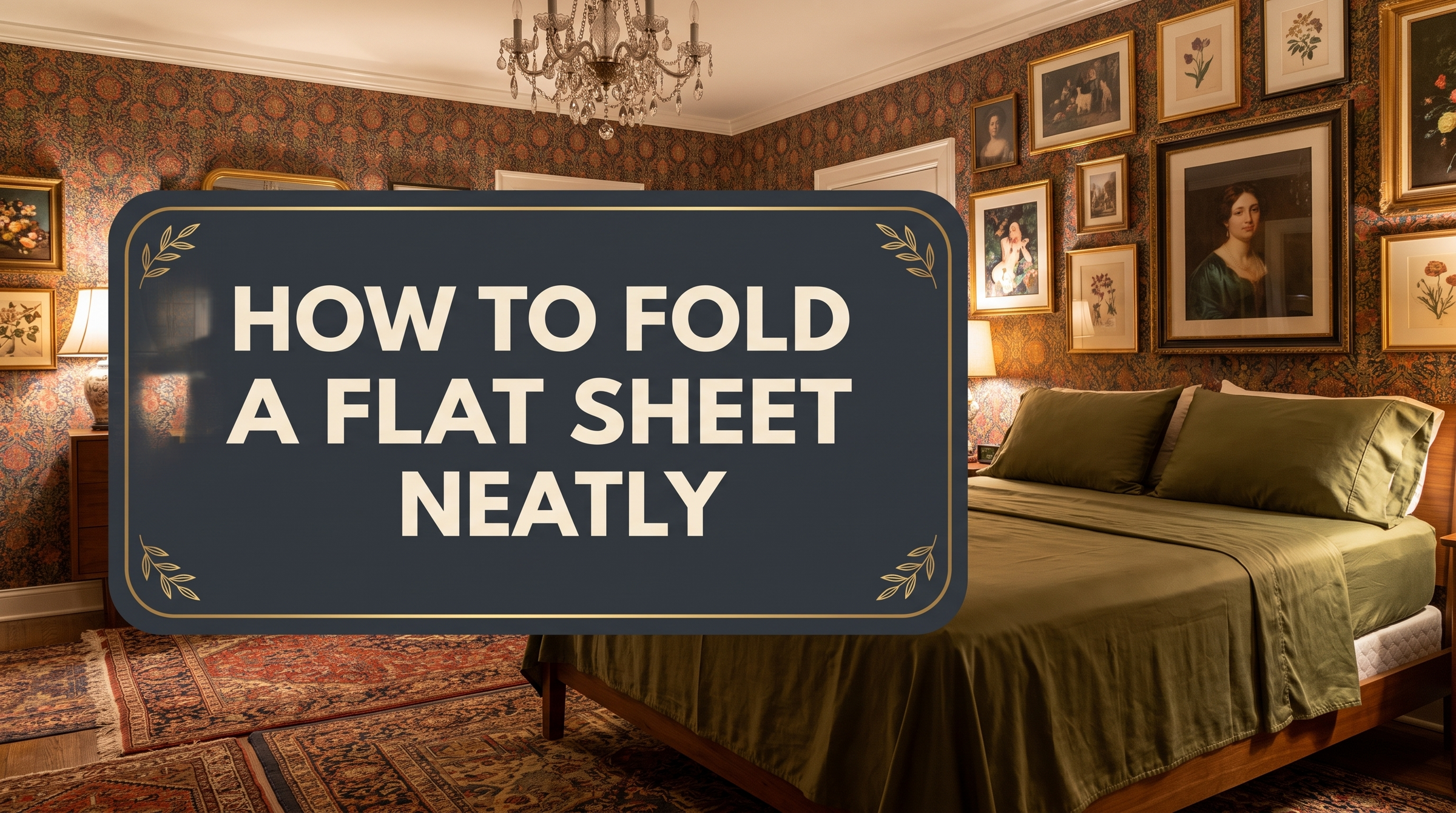 The Sova crest reading HOW TO FOLD A FLAT SHEET NEATLY over a maximalist eclectic bedroom with a bed dressed in olive green organic bamboo viscose sheets