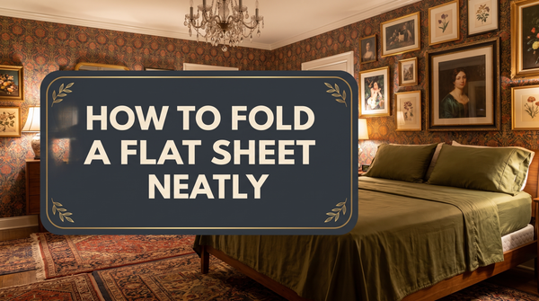 The Sova crest reading HOW TO FOLD A FLAT SHEET NEATLY over a maximalist eclectic bedroom with a bed dressed in olive green organic bamboo viscose sheets