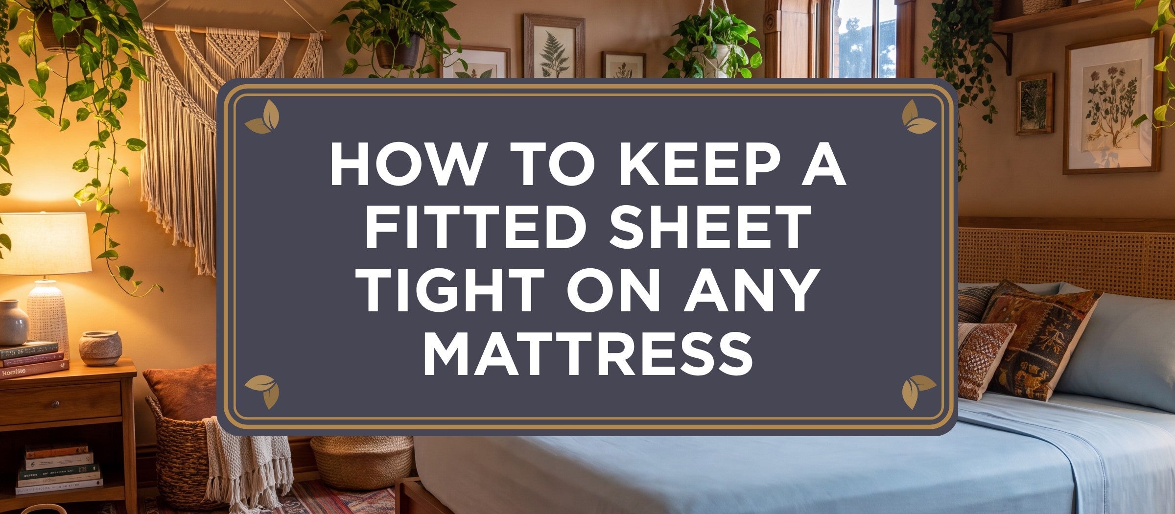 How to Keep a Fitted Sheet Tight on Any Mattress, article header over a bohemian bedroom with Light Blue organic bamboo viscose sheets pulled taut