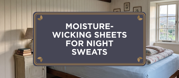 Article header reading Moisture-Wicking Sheets for Night Sweats over an English cottage bedroom with a bed in Light Blue organic bamboo viscose sheets