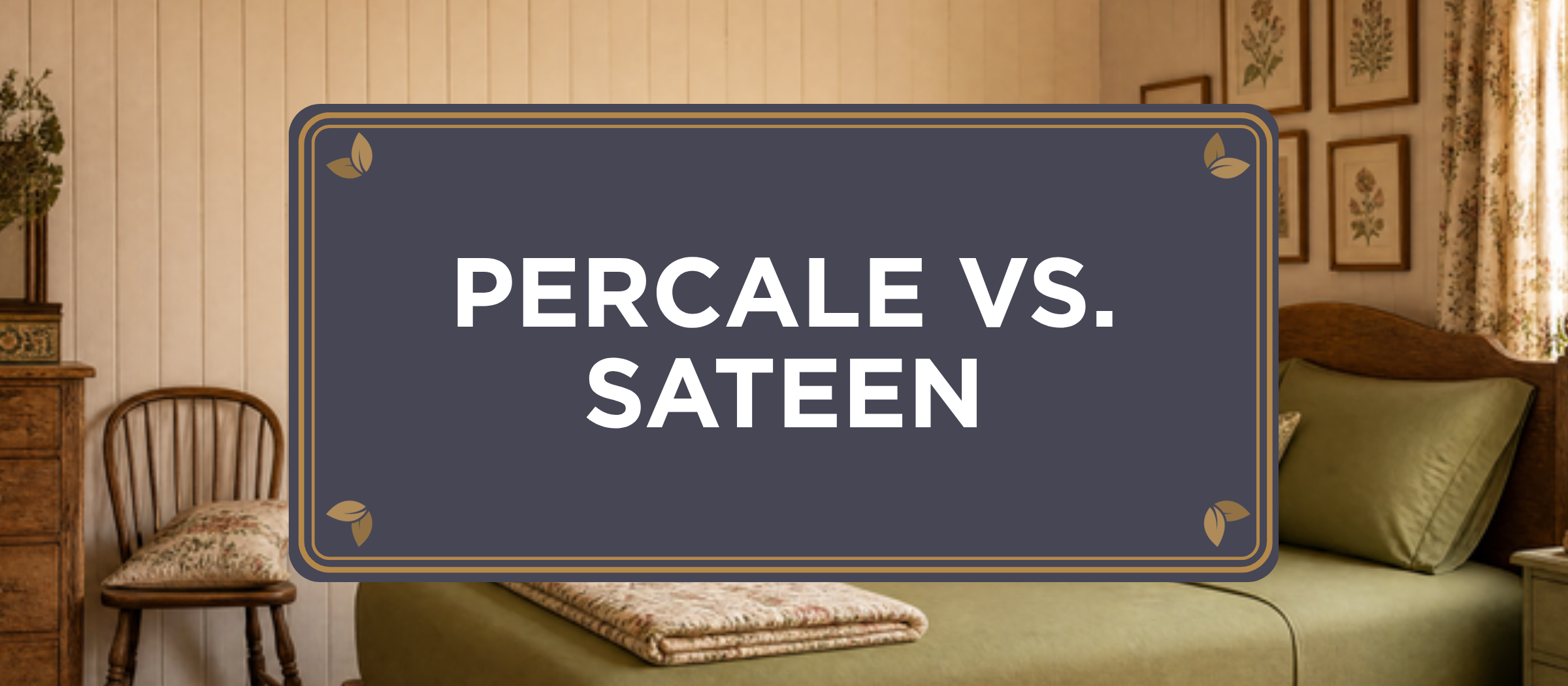 Percale vs. Sateen article header for The One Sheet by Sova, a gold-cornered charcoal crest reading PERCALE VS. SATEEN over an English cottage bedroom with Olive Green bamboo viscose sheets