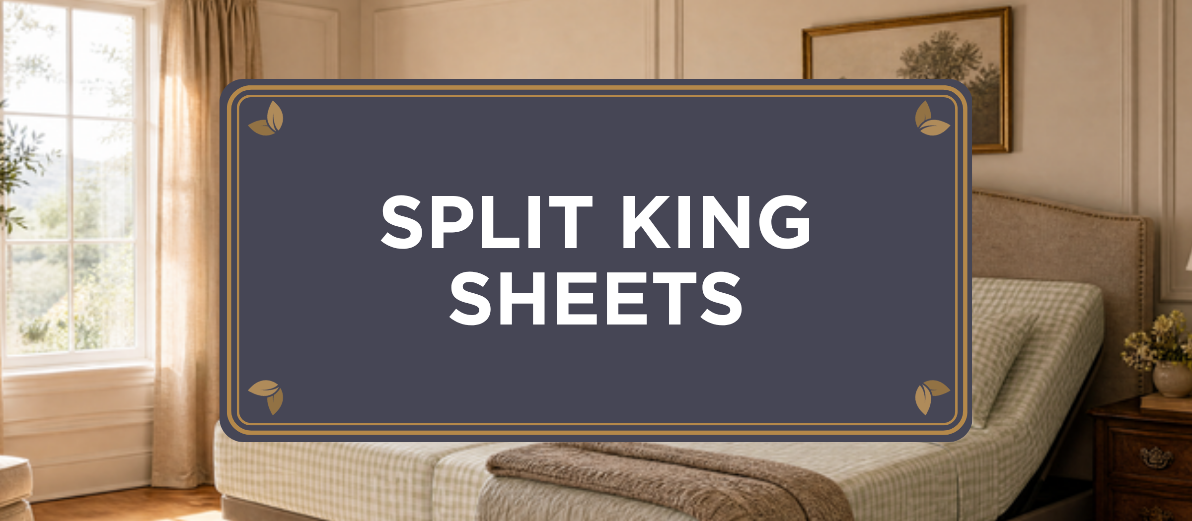 Split King Sheets, blog header showing a split king adjustable bed dressed in Gingham organic bamboo viscose connected sheets from The One Sheet by Sova in a traditional bedroom, one side raised on the adjustable base