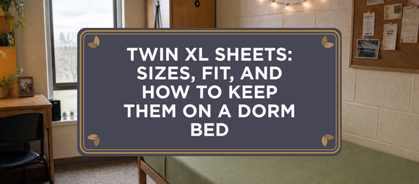 Twin XL sheets header image: a real college dorm room with a Twin XL bed in Olive Green organic bamboo viscose Sova sheets against a painted cinder-block wall, string lights, desk, and corkboard
