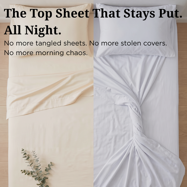 Split overhead view of a bed: left half shows smooth, neatly made cream bamboo sheets; right half shows tangled, crumpled white sheets piled at the foot. Text overlay: "The Top Sheet That Stays Put. All Night." — The One Sheet by Sova bamboo sheet set. [global]