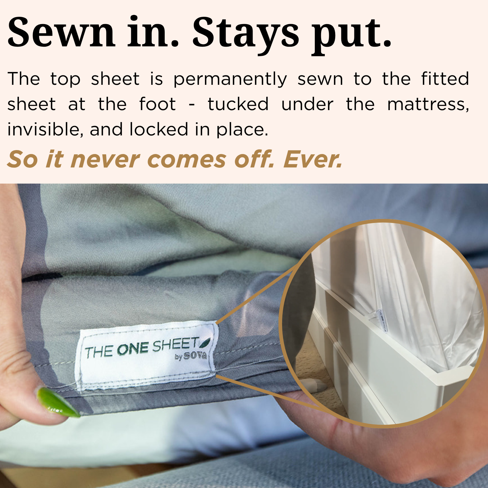Close-up of The One Sheet by Sova sewn seam where the fitted sheet and top sheet are permanently attached, with product label reading 