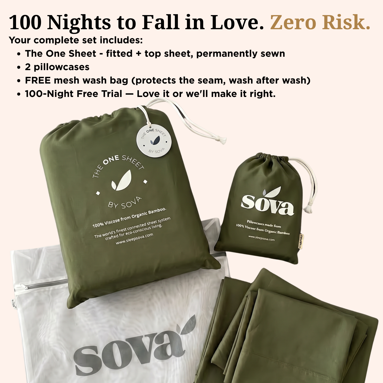 The complete One Sheet by Sova set laid out: one fitted and top sheet permanently sewn together, two pillowcases, and a free mesh wash bag. Text overlay: 