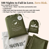 The complete One Sheet by Sova set laid out: one fitted and top sheet permanently sewn together, two pillowcases, and a free mesh wash bag. Text overlay: "100 Nights to Fall in Love. Zero Risk." — includes full set contents and 100-night free trial guarantee. [global]