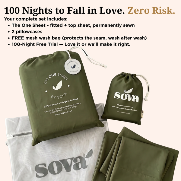 The complete One Sheet by Sova set laid out: one fitted and top sheet permanently sewn together, two pillowcases, and a free mesh wash bag. Text overlay: "100 Nights to Fall in Love. Zero Risk." — includes full set contents and 100-night free trial guarantee. [global]