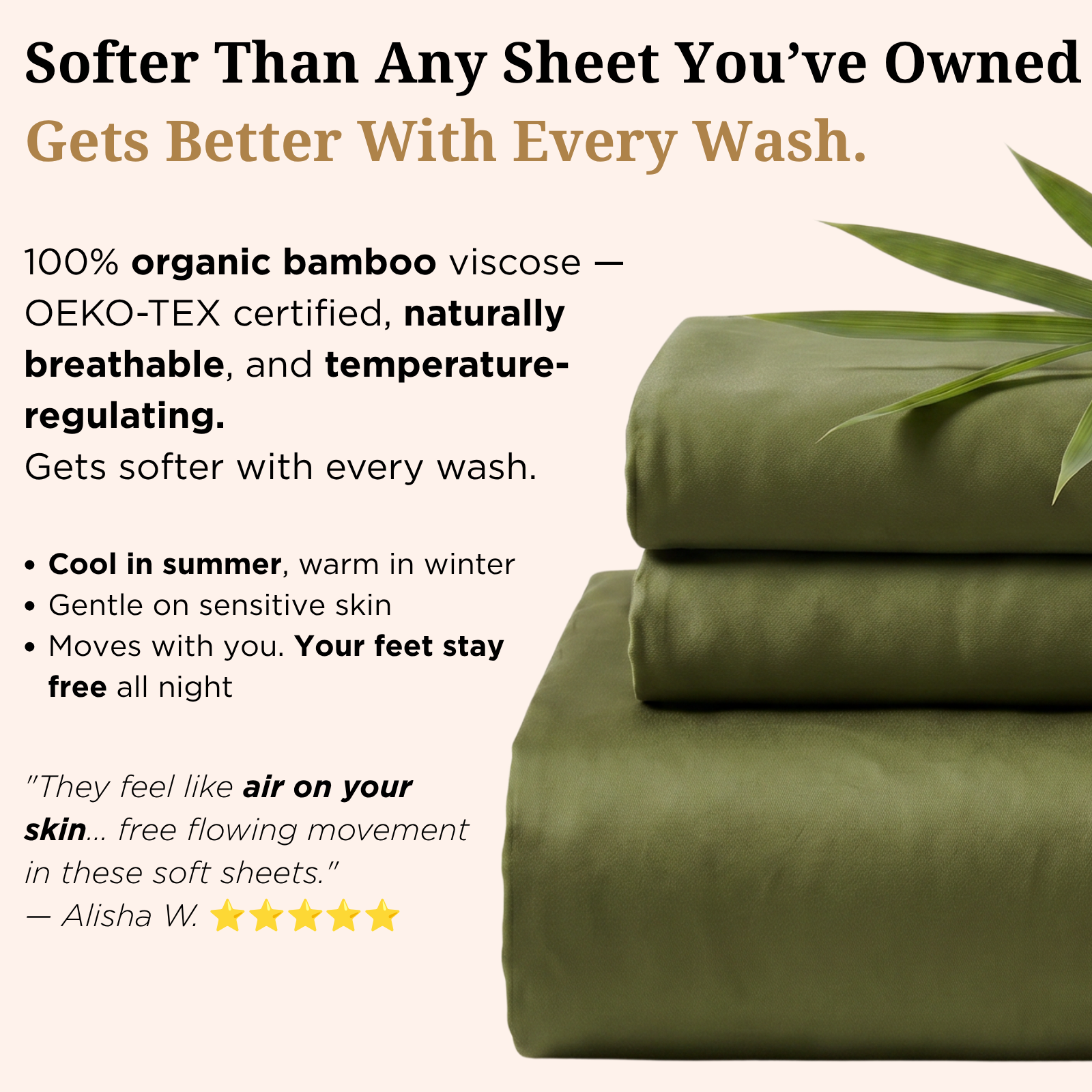Neatly folded stack of olive green bamboo viscose sheets by Sova with a bamboo plant in the background. Text highlights OEKO-TEX certified 100% organic bamboo viscose — naturally breathable, temperature-regulating, gets softer with every wash, and gentle on sensitive skin. [global]