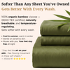 Neatly folded stack of olive green bamboo viscose sheets by Sova with a bamboo plant in the background. Text highlights OEKO-TEX certified 100% organic bamboo viscose — naturally breathable, temperature-regulating, gets softer with every wash, and gentle on sensitive skin. [global]