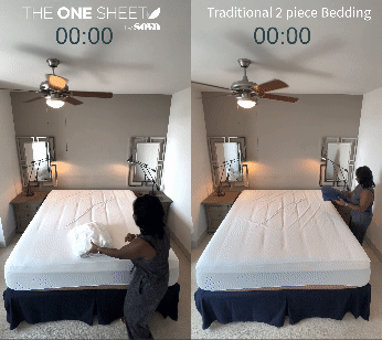 on the left, woman making the bed with the one sheet. On the right, woman making the bed with traiditonal sheets. Showcasing how she saved 70 seconds with the one sheet