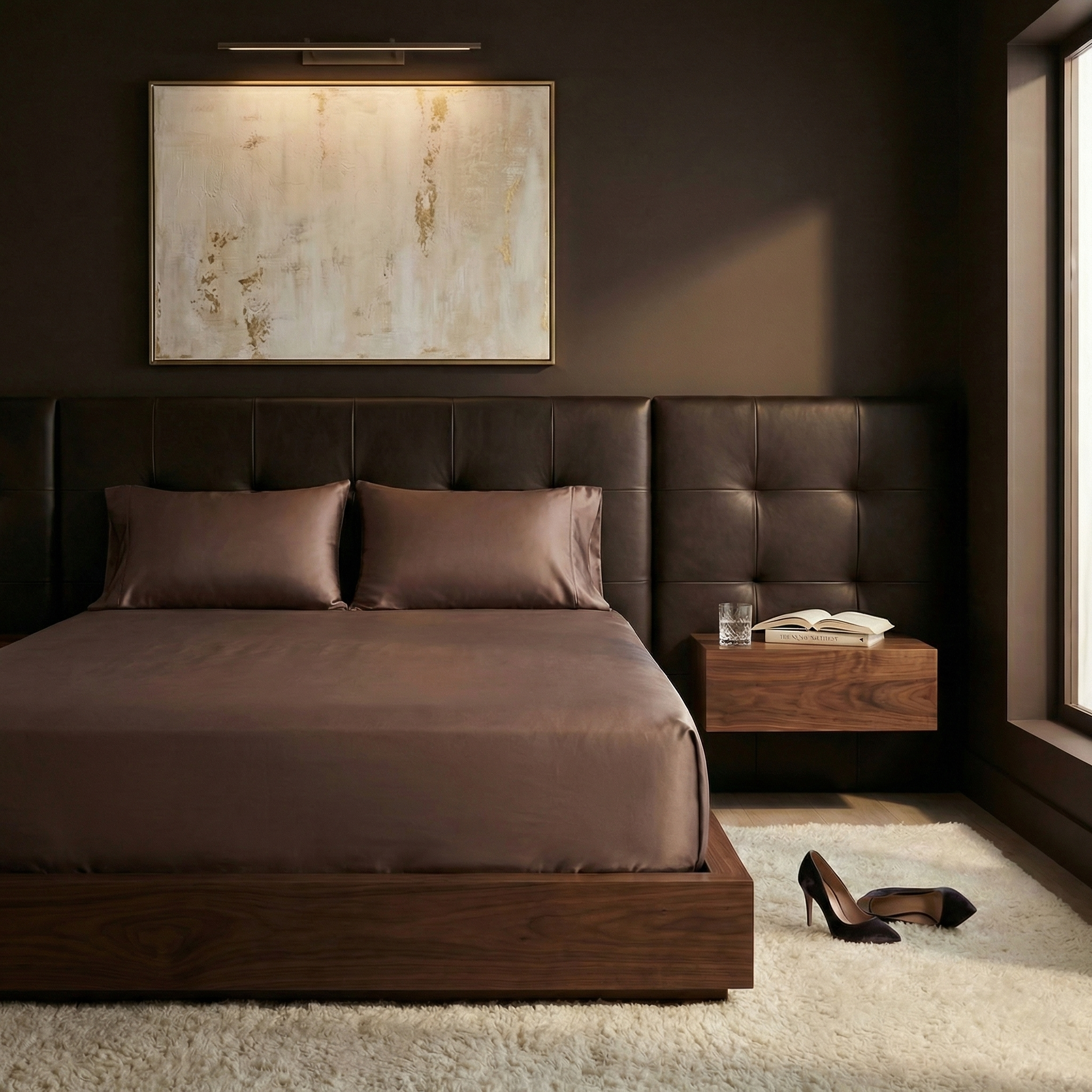Modern bedroom with a brown bed and matching headboard, nightstand, and rug.
